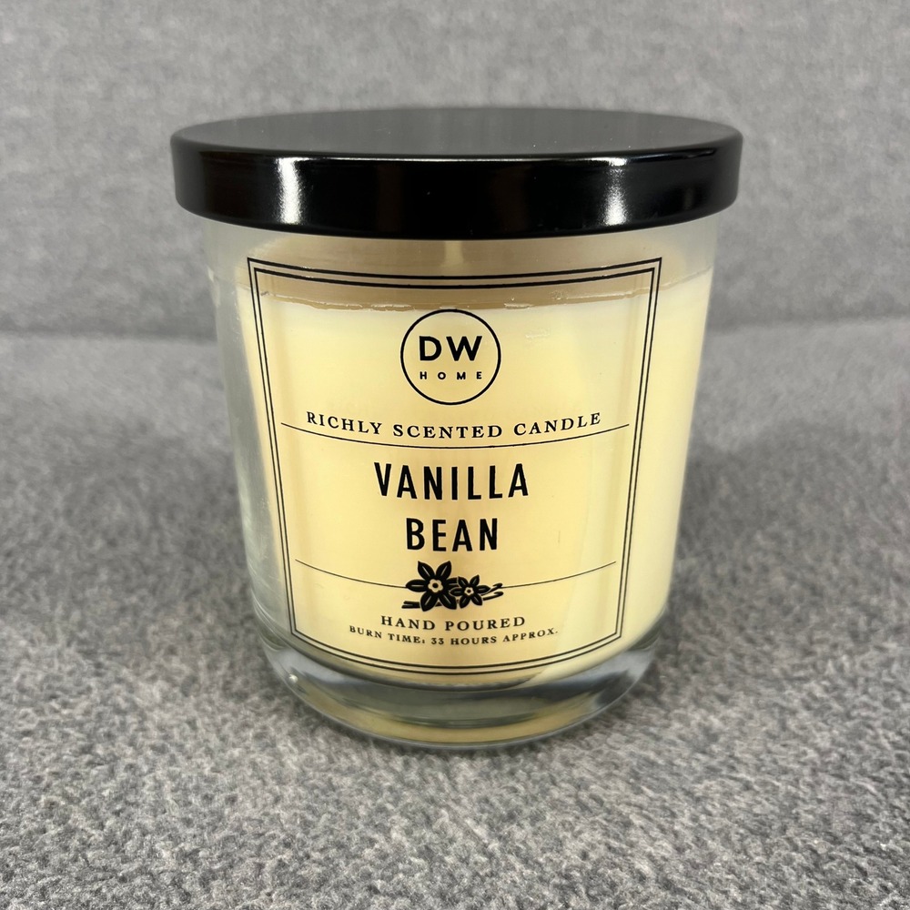 DW Home Vanilla Bean Scented Candle 8.8 oz Cream Glass Jar Black Lid Hand Poured
